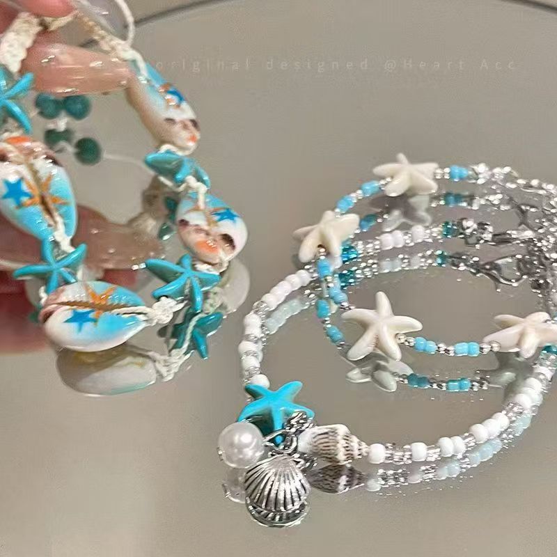 Beach Vacation~Blue Shell and Starfish Bracelet for Women, New Spring Style Island Beaded Accessory Bracelet, Stackable Jewelry Beach Vacation~Blue Shell and Starfish Bracelet for Women, New Spring Style Island Beaded Accessory Bracelet, Stackable Jewelry
