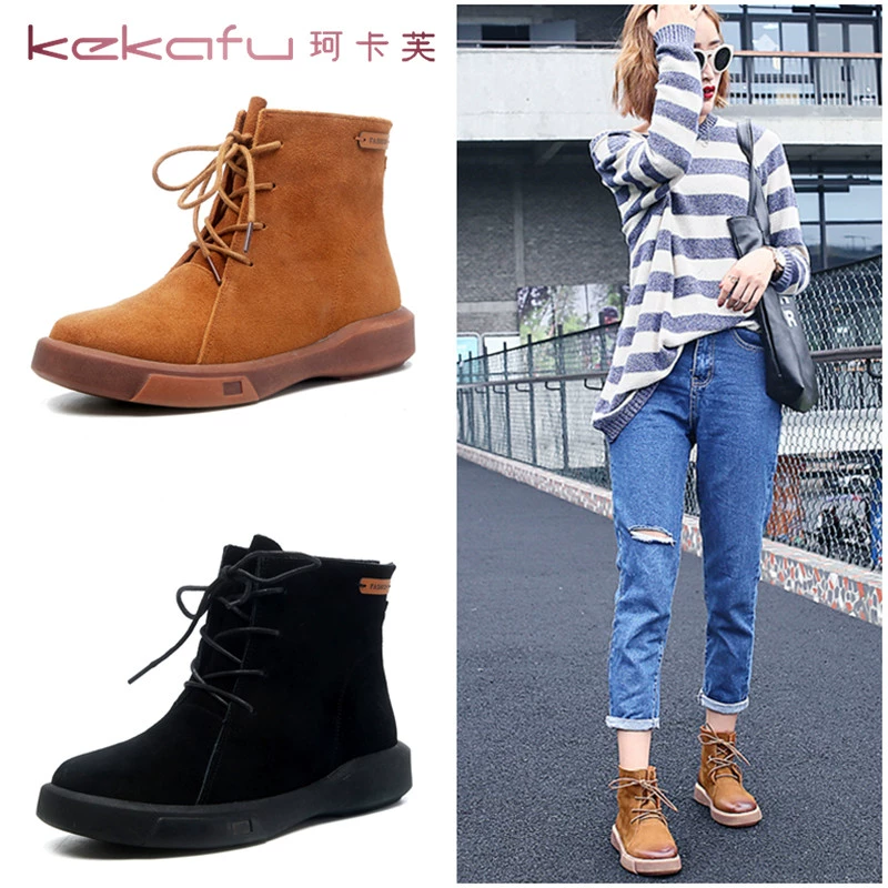 Kekaf thời trang mùa đông 2019 đơn giản giày da ngắn đơn giản giày da của phụ nữ Martin boots phẳng tất cả các trận đấu thủy triều giày phụ nữ - Giày ống