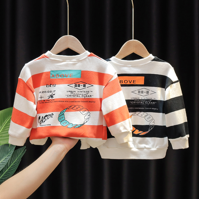Baby spring and autumn long-sleeved thick cotton T boys new Foreign school base shirt children striped top baby clothes tide