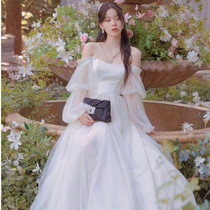One-shoulder light wedding dress super fairy travel Qi Disen Korean style fairy air simple white thin location small dress summer