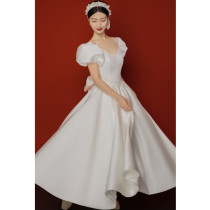 Satin wedding light French simple 2021 new white thin bubble sleeve bow Hepburn go out yarn