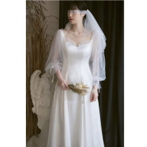 Travel photo light wedding Super fairy simple Korean white thin long sleeve French photo 2021 New go out yarn Spring
