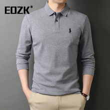 Eozk high-end lapel long sleeved pure cotton t-shirt for men's 2024 spring new business fashion casual polo shirt for men's clothing