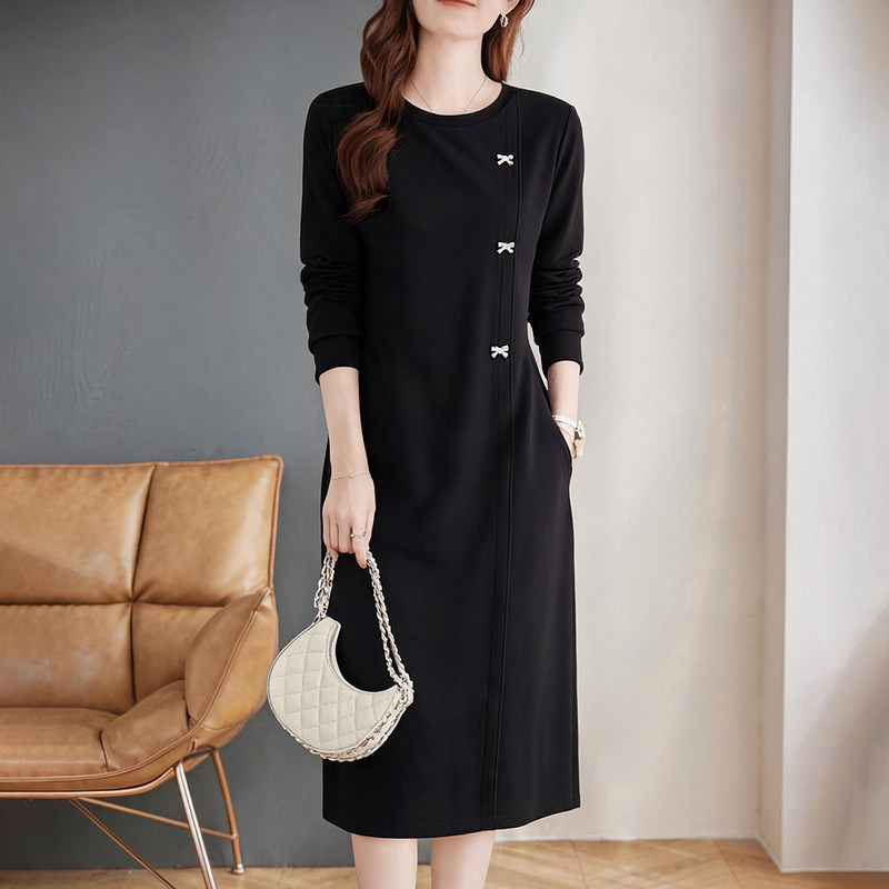 Round Neck Long-Sleeved Dress 2026 New Women's Black Autum Loose Large Size Slimming Belly-Covering Mid-Length Skirt Round Neck Long-Sleeved Dress 2026 New Women's Black Autum Loose Large Size Slimming Belly-Covering Mid-Length Skirt