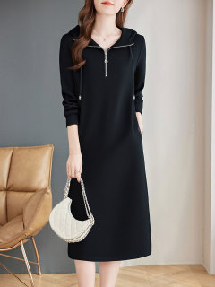 Casual long-sleeved dress for women spring and autumn 2025 new high-end hooded women's skirt large size fat mm sweatshirt skirt