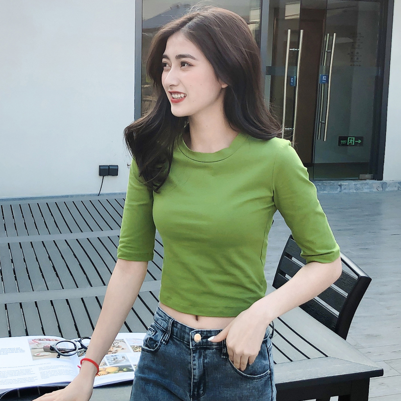 Pure Cotton Avocado Green Slim-Fit High-Waisted Short-Sleeve T-Shirt for Women, Mid-Sleeve Tight-Fitting Crop Top with Round Neck for Dance