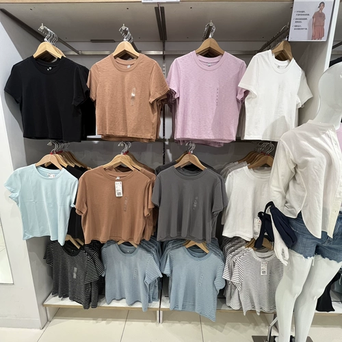 Uniqlo, бамбуковая короткая легкая и тонкая дышащая футболка с круглым воротником, высокая талия