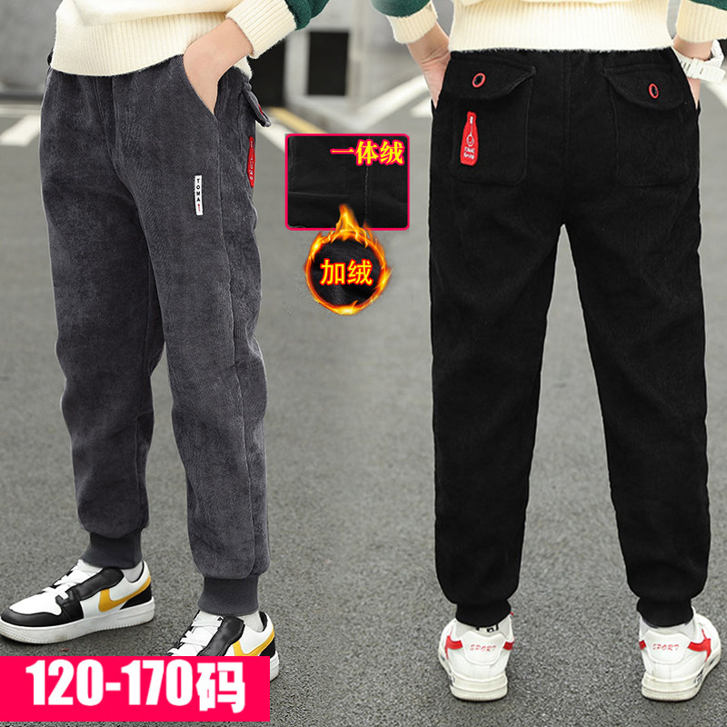 Boys' all-in-one velvet pants plus velvet autumn and winter outer wear 2022 new children's thickened winter casual trousers for big children
