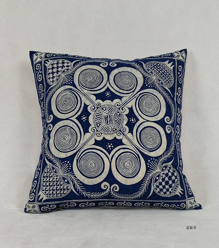 Guizhou Danzhai Wax Dyeing And Holding Pillow Close To Ram Back Cushion Cover Customized Millennial Vortographic Pattern Traditional Plant Blue Dye