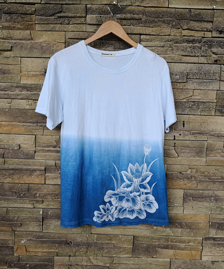 (Blue Indigo) original plant blue dye indigo batik T-shirt custom gradient lotus pattern pure cotton