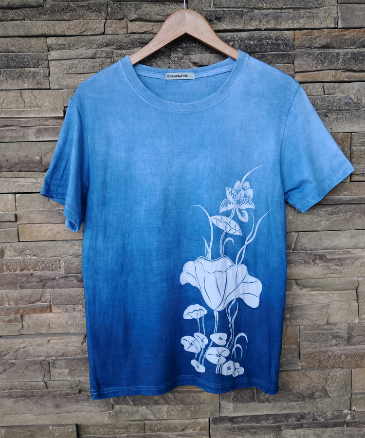 (Blue Indigo) Original Plant Blue Dye Indigo Batik Zdyeing T-shirt Customised Asymptotic Lotus Pattern