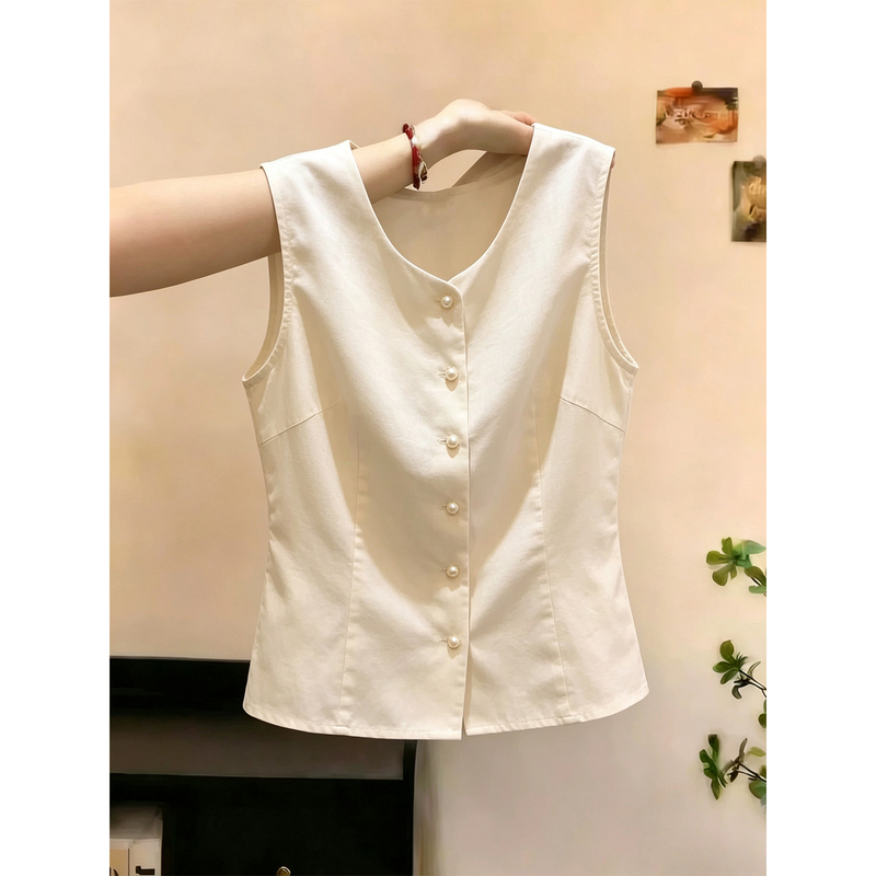 Light Mature Style Pearl Button Sleeveless Vest for Women 2026 Summer New High-End Simple Slim Fit Versatile Age-Reducing Top Light Mature Style Pearl Button Sleeveless Vest for Women 2026 Summer New High-End Simple Slim Fit Versatile Age-Reducing Top