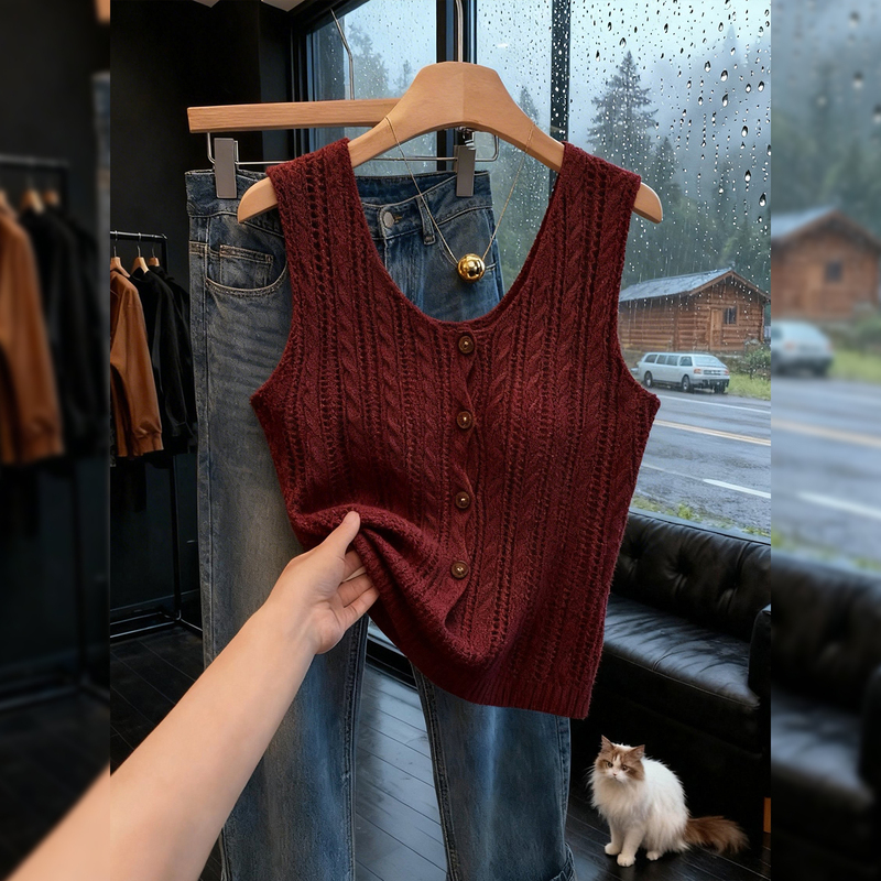 Red Twist-Knit Niche Design Vest for Women, 2026 New Style, Multi-Button Layered Slimming Top