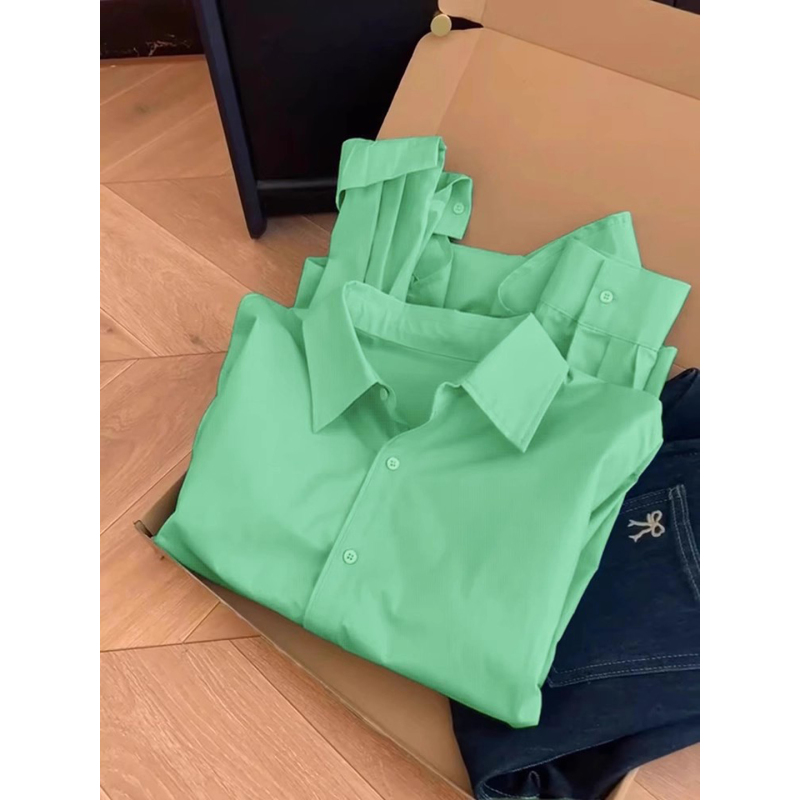 Hangzhou Sijiqing's High-End Bestseller~ Simple Style Early Autumn Green Loose Layered Lapel Long-Sleeve Shirt Top for Women