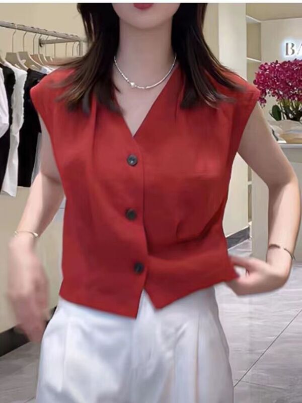 2024 New Summer V Neck Sleeveless Red Shirt, Feminine, Simple, Casual, Age-Reducing Outerwear, Women's Trendy Tops 2024 New Summer V Neck Sleeveless Red Shirt, Feminine, Simple, Casual, Age-Reducing Outerwear, Women's Trendy Tops