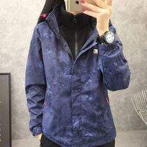 Outdoor mountaineering clothing mens and womens assault clothes fleece thick printing waterproof and breathable two-piece wind jacket Tide brand