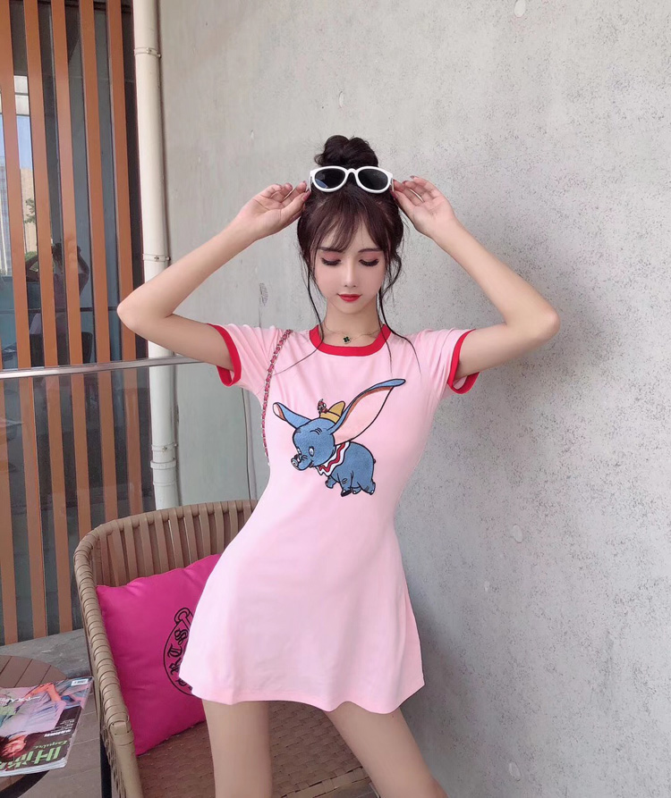 Váy lưới cổ tròn màu đỏ tay ngắn T phiên bản Hàn Quốc của chiếc váy tự trồng in hình hoạt hình trong phần dài của cô gái váy ngắn nữ - Sản phẩm HOT shop quần áo nữ gần đây