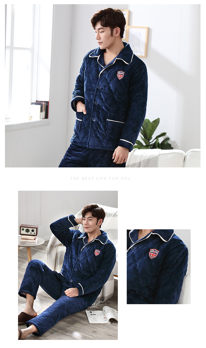 Nam Cực lông cừu san hô đồ ngủ nam ba lớp dày quilted thanh niên nam đồ ngủ flannel cotton áo khoác dịch vụ nhà đồ pijama nam