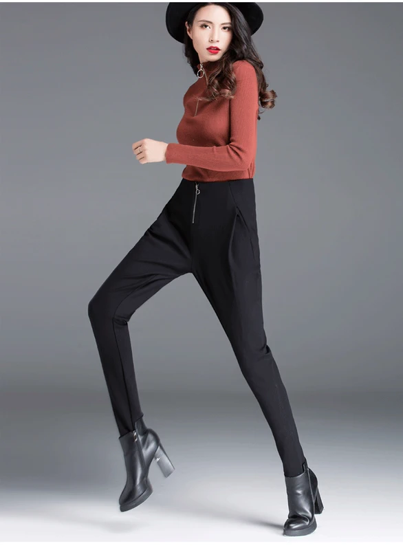 Quần harem củ cải mùa thu đông của phụ nữ cộng với nhung dày cao eo lỏng lẻo chân giản dị Hàn Quốc quần đen mỏng - Quần Harem