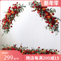 Red wedding decoration flower set welcome arrangement round arch iron frame wall hanging long flower row stage background floral art