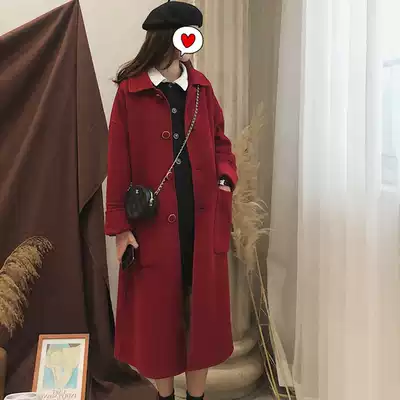 Red woolen coat 2020 new autumn and winter popular Korean plush coat women plus cotton thick medium and long version