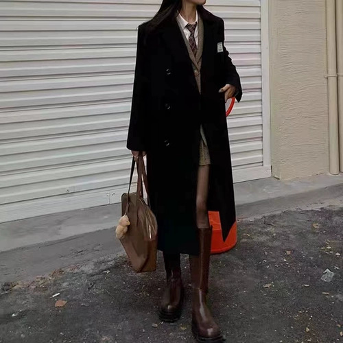 Длинное черное демисезонное шерстяное пальто, куртка, подходит для подростков, изысканный стиль