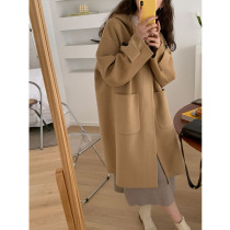 Hooded Horn Buckle Heben Coat 2021 Autumn and Winter New Long Woolen Coat Coat Small Woman