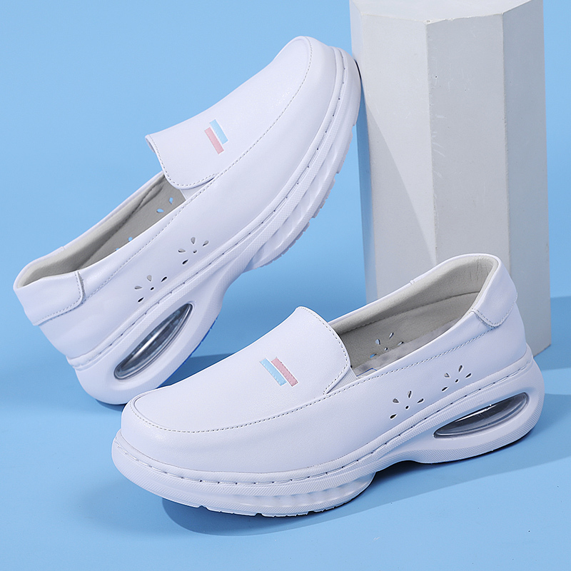 Air-Cushion Nurse Shoes for Women, Genuine Leather, Soft Sole, Breathable, Non-Tiring, Non-Slip, Anti-Odor, Slip-On, Height-Increasing, Spring and Summer Medical Shoes