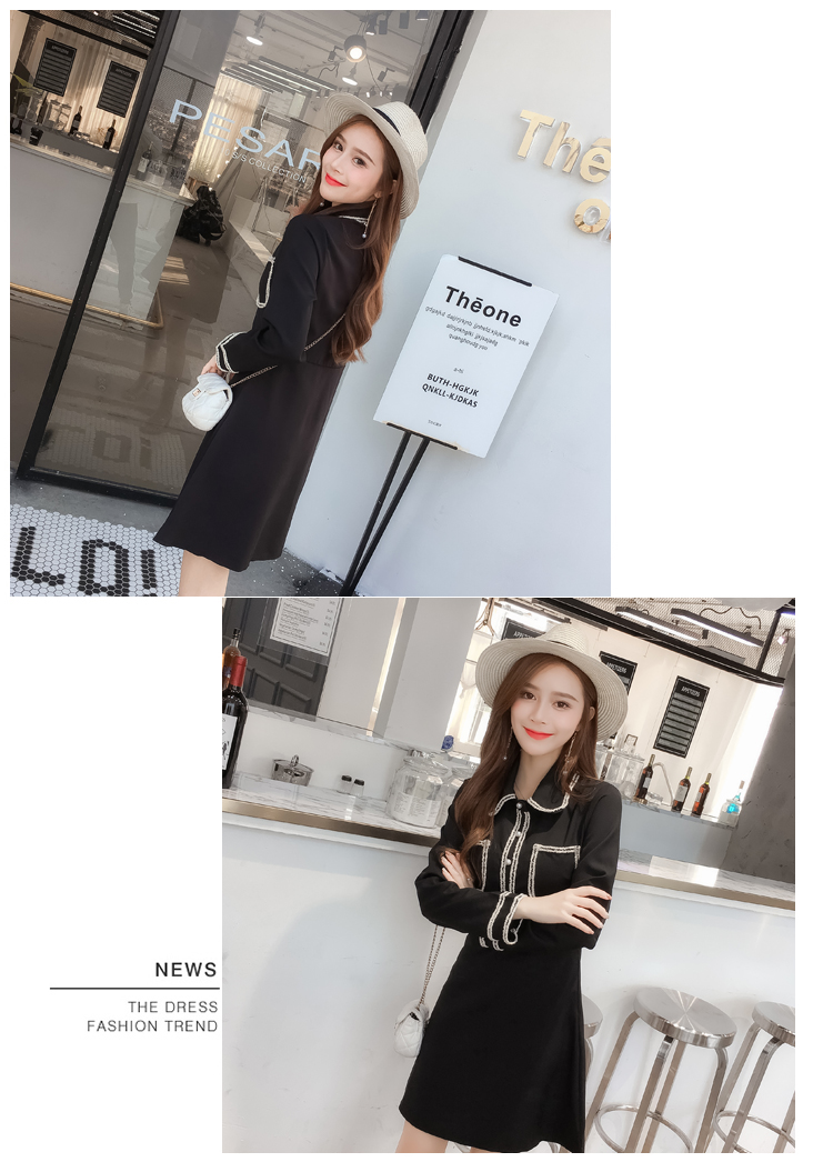 VK旗艦店 韓系優雅娃娃領黑白撞色修身顯瘦長袖洋裝
