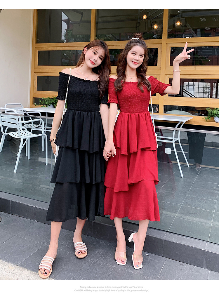 VK旗艦店 韓系一字領露肩蛋糕裙短袖洋裝