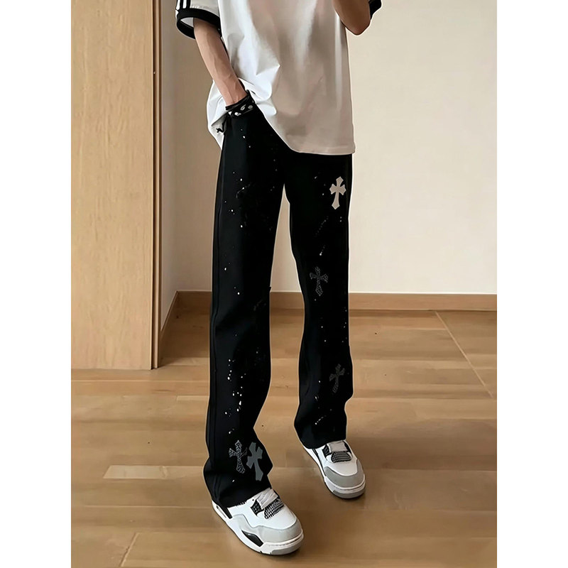 European and American Style Rhinestone Embroidered Cross Ripped Jeans Unisex Trendy Loose Casual Straight-Leg Pants European and American Style Rhinestone Embroidered Cross Ripped Jeans Unisex Trendy Loose Casual Straight-Leg Pants