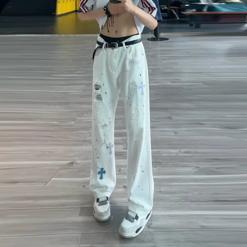 American High Street Cross-Stitched Rhinestone Jeans, Summer Men's Ootd Outfit, Trendy Brand, Slimming, Slightly Flared Straight-Leg Pants American High Street Cross-Stitched Rhinestone Jeans, Summer Men's Ootd Outfit, Trendy Brand, Slimming, Slightly Flared Straight-Leg Pants