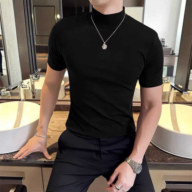 Men's Mid-Neck Short-Sleeve Elastic Korean-Style Slim-Fit Solid Color Versatile Base Shirt Summer New Half-High Collar T-Shirt Trendy