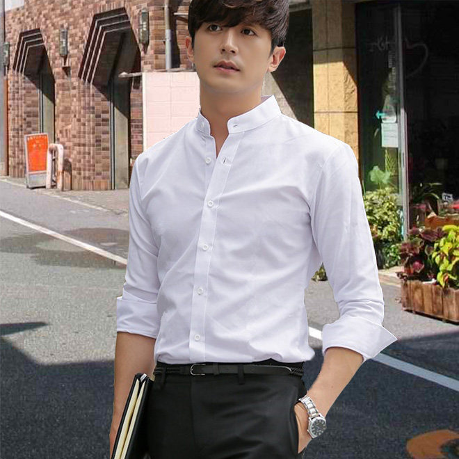 Autumn men's stand collar long sleeve white shirt Korean version of slim non-ironing round neck shirt youth Zhongshan small collar inch shirt