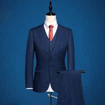  Autumn and winter suit suit mens thick business formal slim-fit blue striped casual suit professional dress groom dress