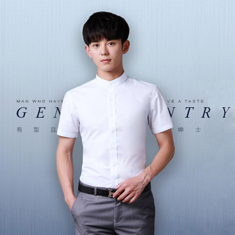 Summer slim fit short sleeve shirt male youth 50% sleeves large size size black upright collar shirt repaired with half sleeve inch shirt