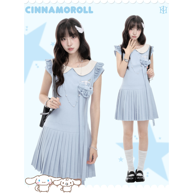 Geng Dou Story × Big-Eared Dog Collaboration* Sweet Doll Collar Light Blue Dress 2026 Summer New Dress