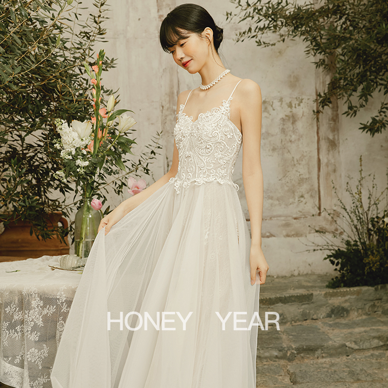 Honey Year's Dream Chaser 2026 Small White Simple Forest-Style Spaghetti Strap Lawn Wedding Light Wedding Dress