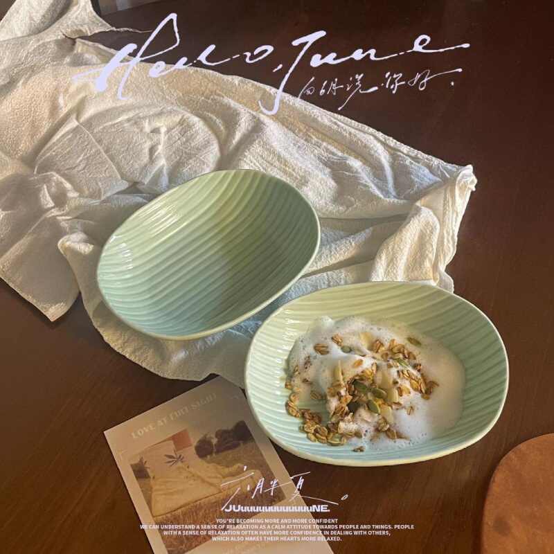 ins Japanese-Style Striped Mint Green Long Deep Plate Pastry Plate Fruit Salad Bowl Small Oval Soup Plate Restaurant