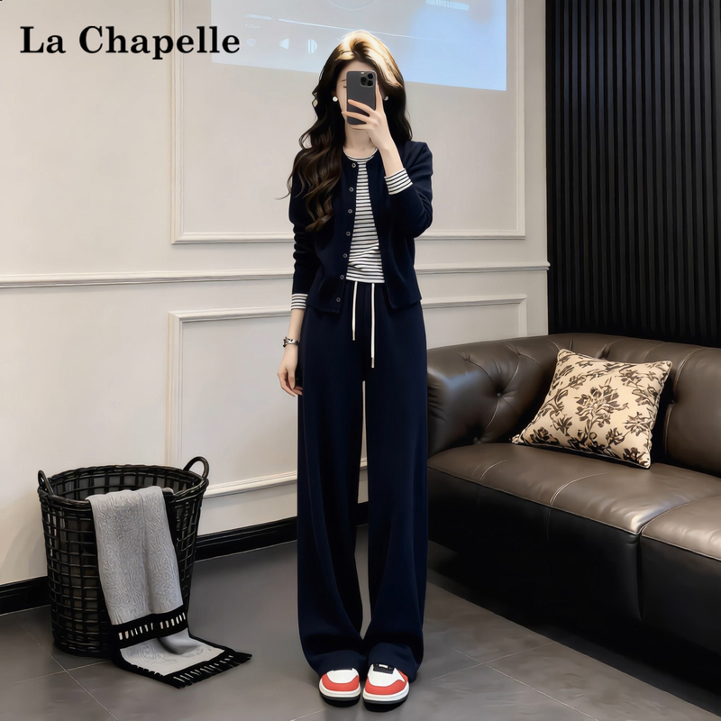La Chapelle Trendy Korean-Style Striped Two-Piece Top with High-Waisted Drawstring Wide-Leg Pants Autumn Casual Sports Suit