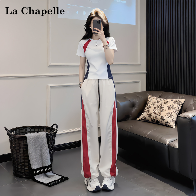 La Chapelle European Fashion Casual Sports Suit for Women, Korean Style Summer Short-Sleeved Long Pants, Age-Reducing and Slimming Two-Piece Set