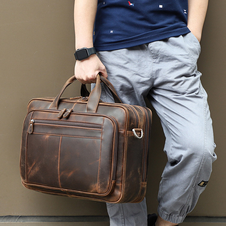 Horizontal leather men's bag crazy horse leather large-capacity first layer cowhide messenger travel bag men's retro briefcase 17 inch