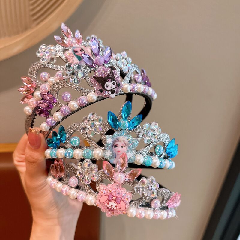 Children's Headband Crown Frozen Elsa Blue Sparkling Diamond Pearl Headband Spring and Summer Performance Costume Shooting Props