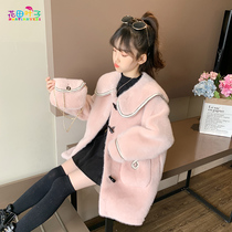 Girl mink velvet coat autumn winter clothing 2021 new foreign style medium length thick childrens clip cotton wool coat