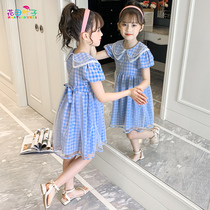 Girls Plaid Summer Dress 2021 New Tong Tong Cotton Mesh Princess Dress Children Navy Neck Skirt