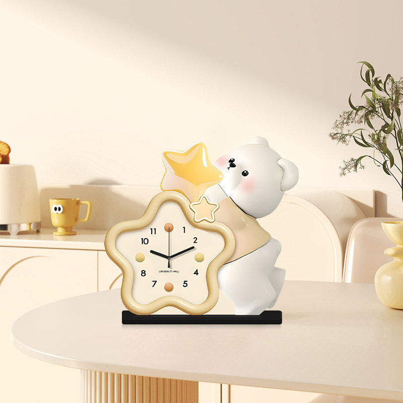Cream-Style Living Room Decorative Clock, Modern Minimalist Dining Room Bear Art Clock, 2025 New Model, Punch-Free Table Clock