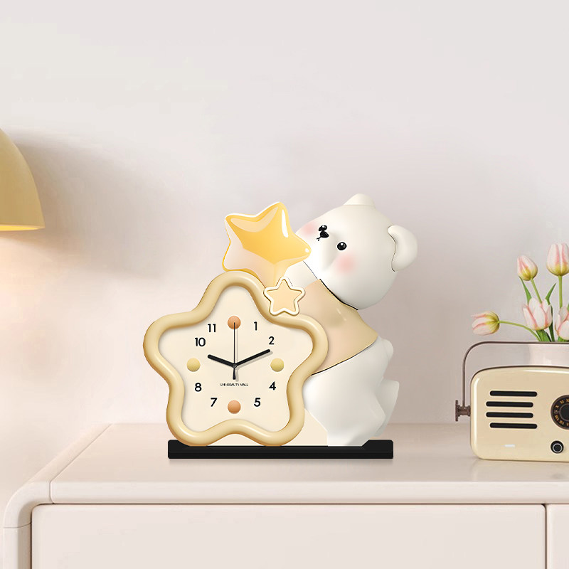 Cream-Style Living Room Decorative Clock, Modern Minimalist Dining Room Bear Art Clock, 2025 New Model, Punch-Free Table Clock