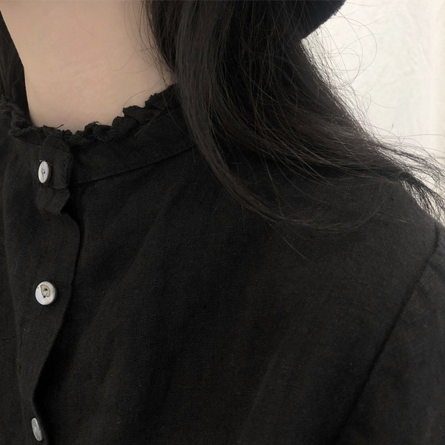 Lu and Lantau Ben Yohji original niche design linen dark shirt fungus collar women's long-sleeved shirt