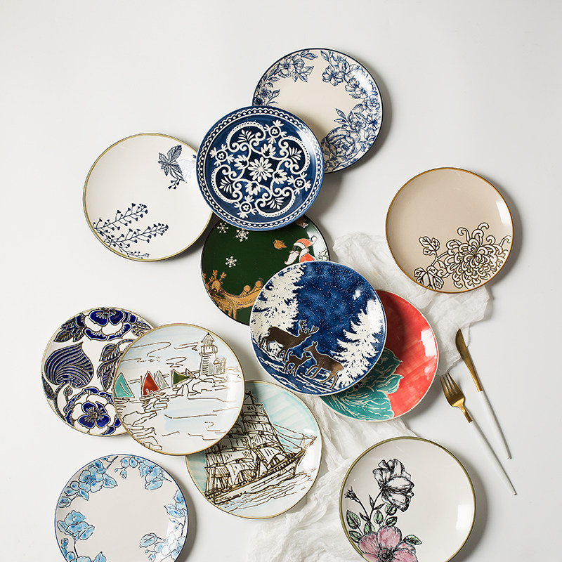 Ceramic Dishes Home Plate Hand-painted Creative Personality Cutlery Western Dining Steak Pan Water Fruit Salad Mesh Red Pendulum