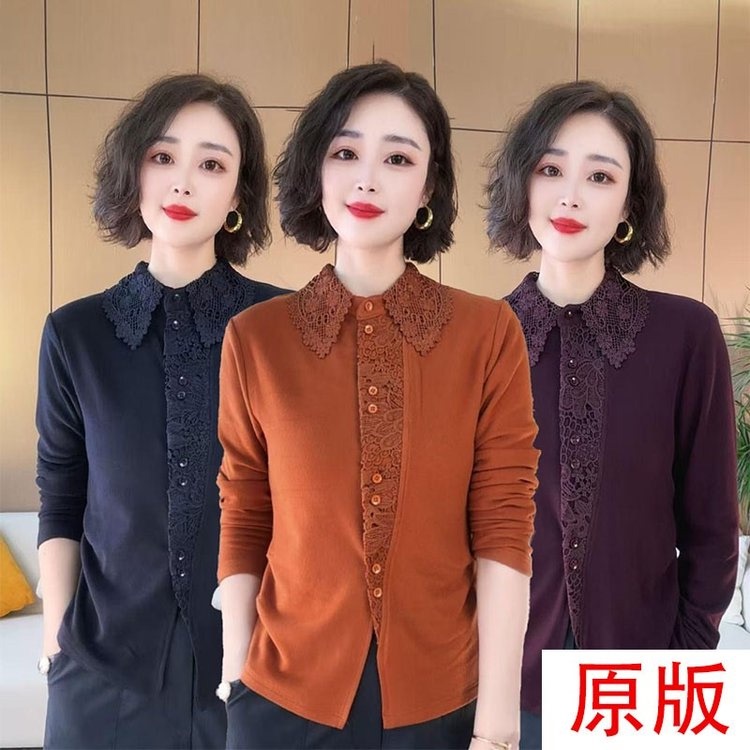 Mother's Lace Crochet Double-Sided Velvet High-End Slimming Casual Women's Top Spring, Autumn, Winter Shirt Collar Blouse